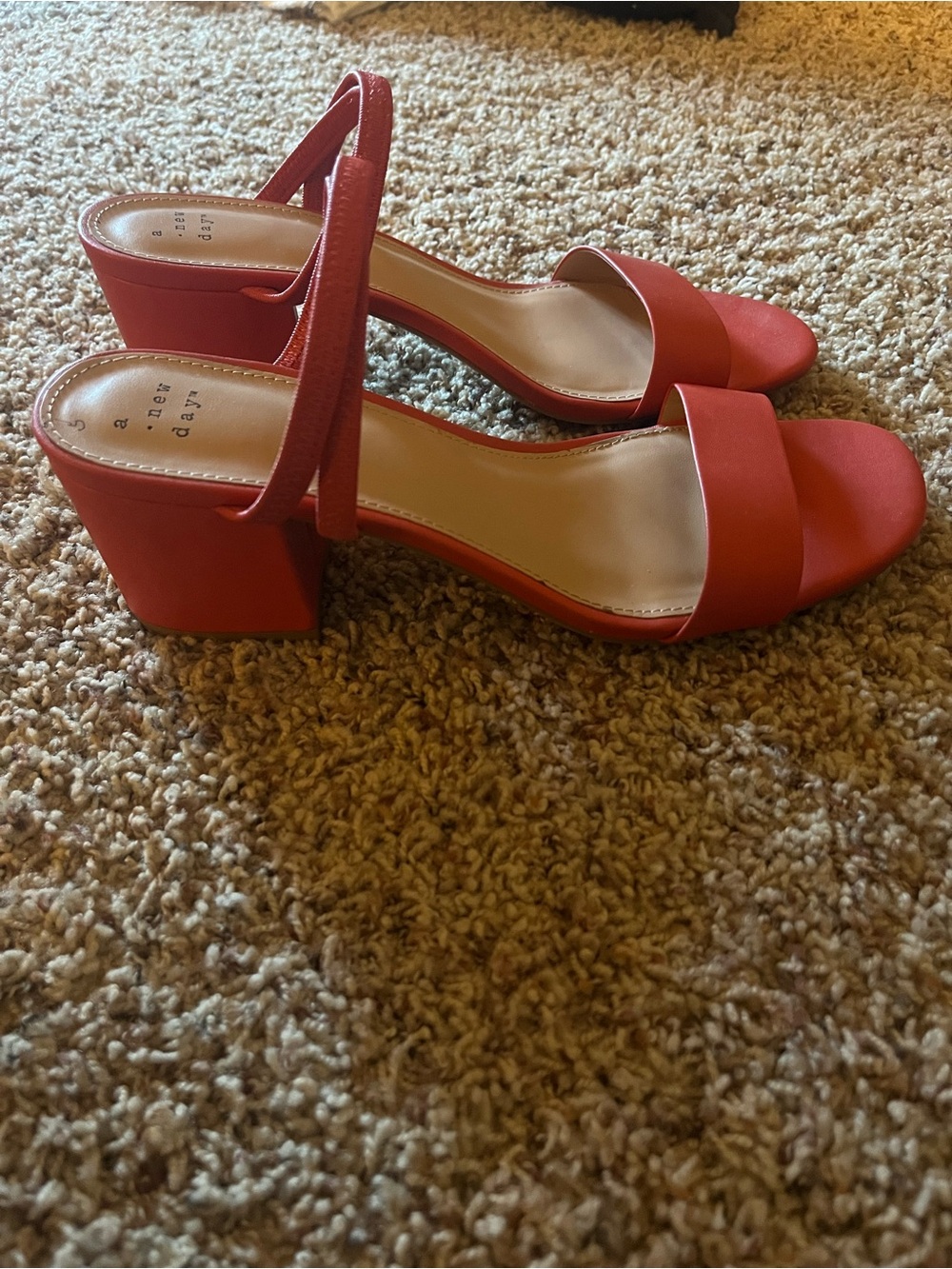a new day Coral/Orange Block Heel Sandal with Ankle Strap. Size 10